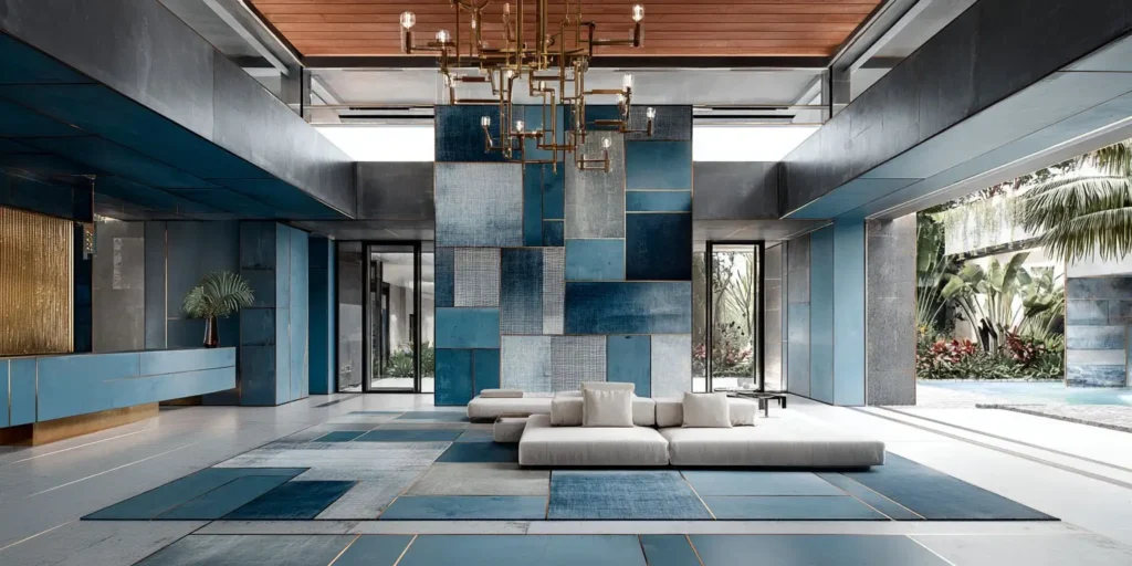 Spacious living area featuring a patchwork wall and floor design made from recycled denim panels in varying shades of blue, accented with brass inlays and a modern brass chandelier above, embodying the Indigo Hale “Blue & Brass” sustainable design aesthetic