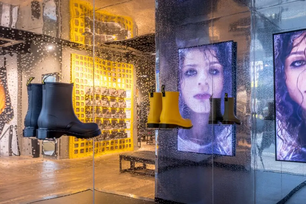 A Dr. Martens Oxford Street store installation featuring suspended black and yellow 1460 Rain boots displayed behind water-droplet glass, with mirrored panels and digital screens showing a model’s face, creating a reflective, multisensory retail environment