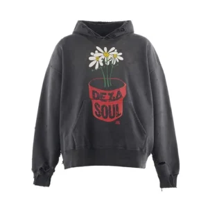 Front view of the SAINT Mxxxxxx x De La Soul “DLS_HOODIE” in black, featuring a distressed cotton body with a red flowerpot graphic containing three smiling daisies and the bold red text “DE LA SOUL.” The hoodie shows frayed cuffs, worn edges, and a vintage washed finish that reflects SAINT Mxxxxxx’s signature aged aesthetic.