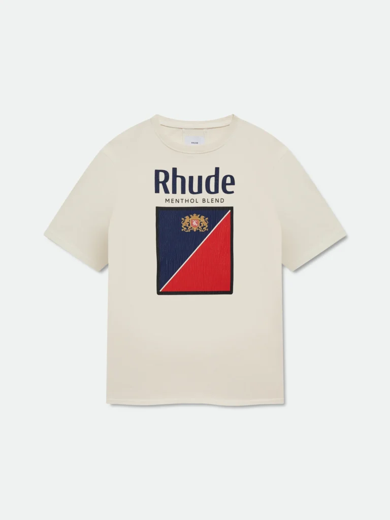 Rhude Collins Fumar Tee in vintage white, featuring bold navy and red cigarette-pack–inspired graphic with “Rhude Menthol Blend” text across the chest, displayed flat against a light background