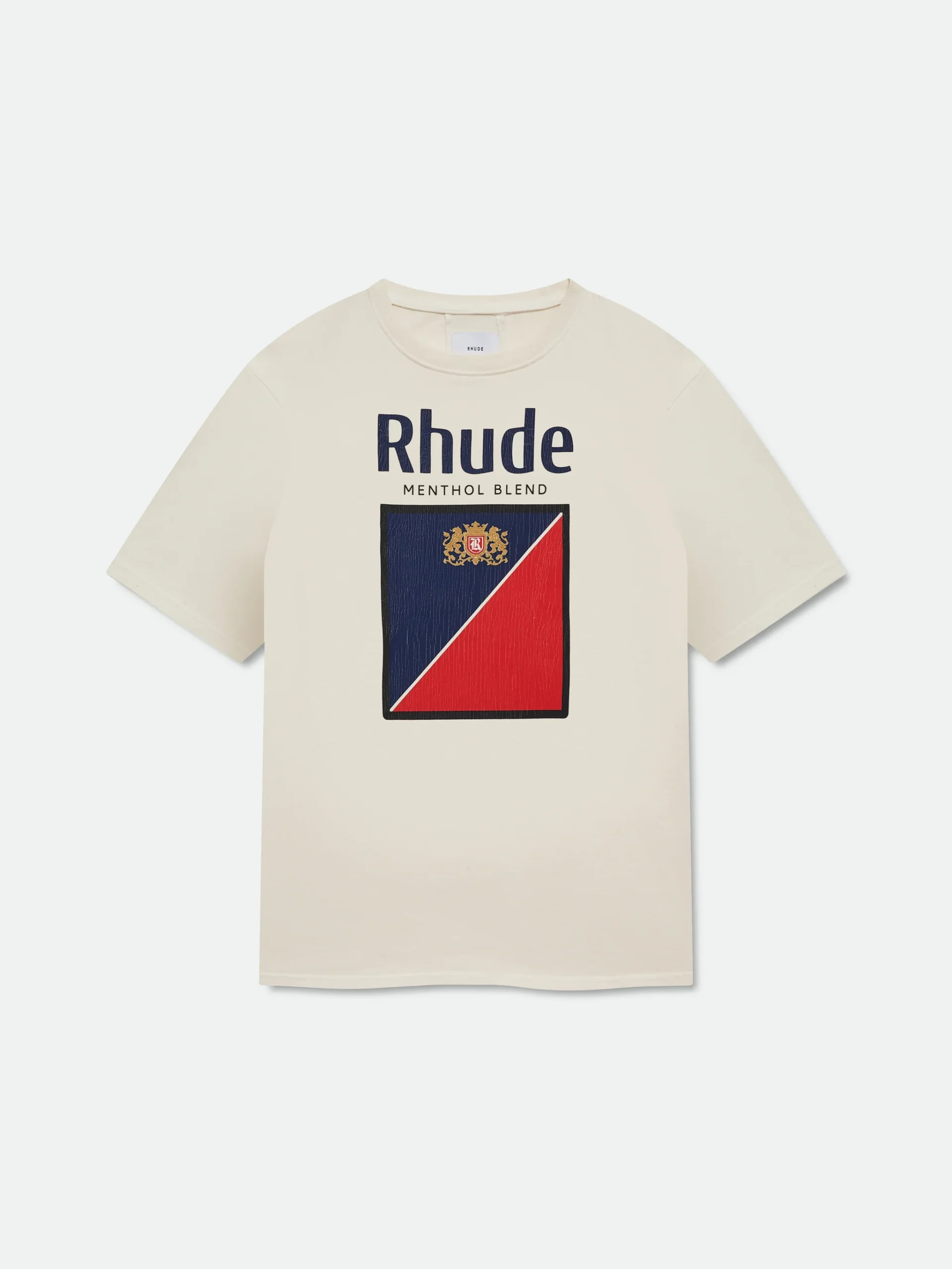 Rhude Collins Fumar Tee in vintage white, featuring bold navy and red cigarette-pack–inspired graphic with “Rhude Menthol Blend” text across the chest, displayed flat against a light background