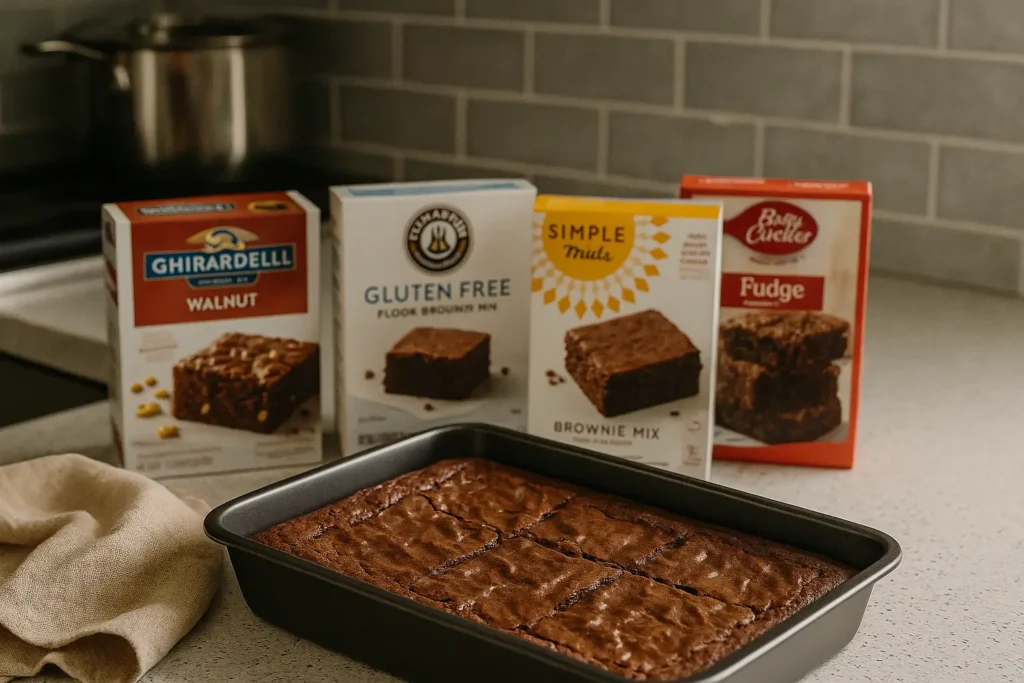 A kitchen countertop with a tray of freshly baked brownies cooling in the foreground, surrounded by boxed mixes from Ghirardelli, King Arthur, Simple Mills, and Betty Crocker, against a soft gray tile backsplash with natural daylight streaming in.