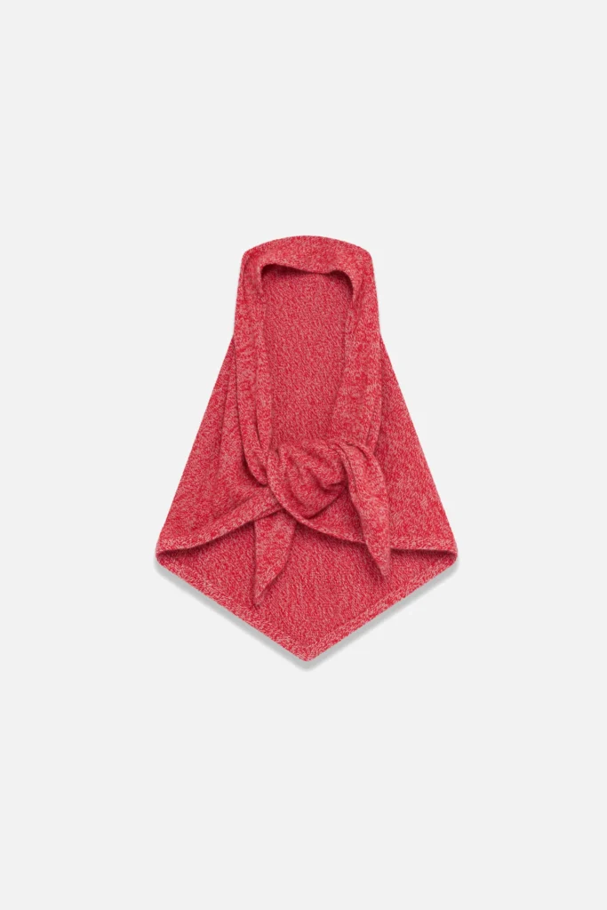 The Elder Statesman Triangle Body Scarf in textured red cashmere, folded flat with front tie detail, photographed on a light grey background