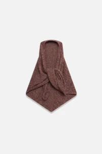 The Elder Statesman Triangle Body Scarf in textured plum cashmere, laid flat with a front knot detail, photographed on a light grey background