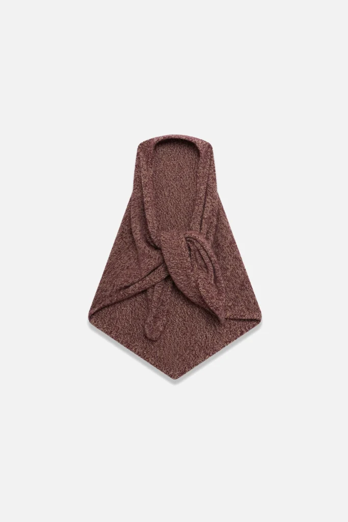 The Elder Statesman Triangle Body Scarf in textured plum cashmere, laid flat with a front knot detail, photographed on a light grey background