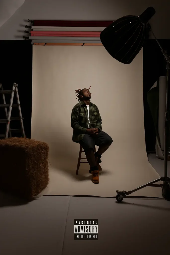 sosocamo sits on a wooden stool in a dimly lit photography studio, dressed in a green jacket, white shirt, and tan boots, gazing upward beneath a large studio lamp against a beige backdrop, evoking an introspective and cinematic atmosphere