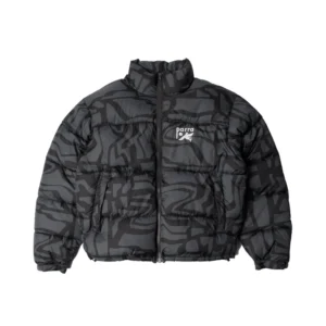 Front view of the By Parra Men’s Broken FTP Puffer Jacket featuring a black and charcoal abstract broken-line graphic print with a white Parra logo on the left chest