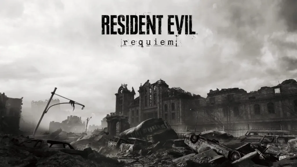 A monochromatic promotional image for Resident Evil Requiem showing a devastated urban landscape filled with collapsed buildings, overturned vehicles, and broken streetlights under a gloomy, overcast sky. The game’s title, “Resident Evil: Requiem,” appears above the ruins, emphasizing a post-apocalyptic atmosphere