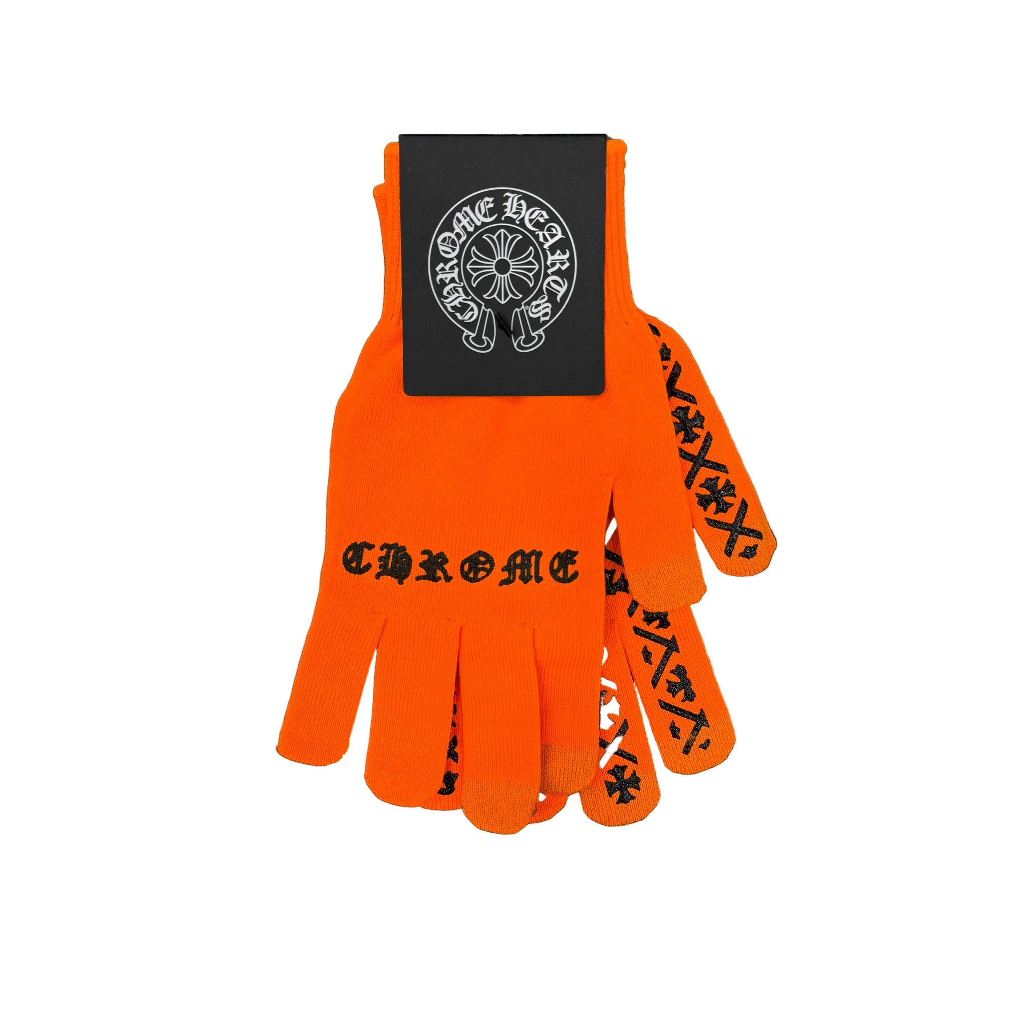 Bright orange knit Chrome Hearts gloves featuring black gothic “CHROME” lettering across the back and repeating black cross motifs along the fingers, shown packaged with a black tag displaying the Chrome Hearts logo
