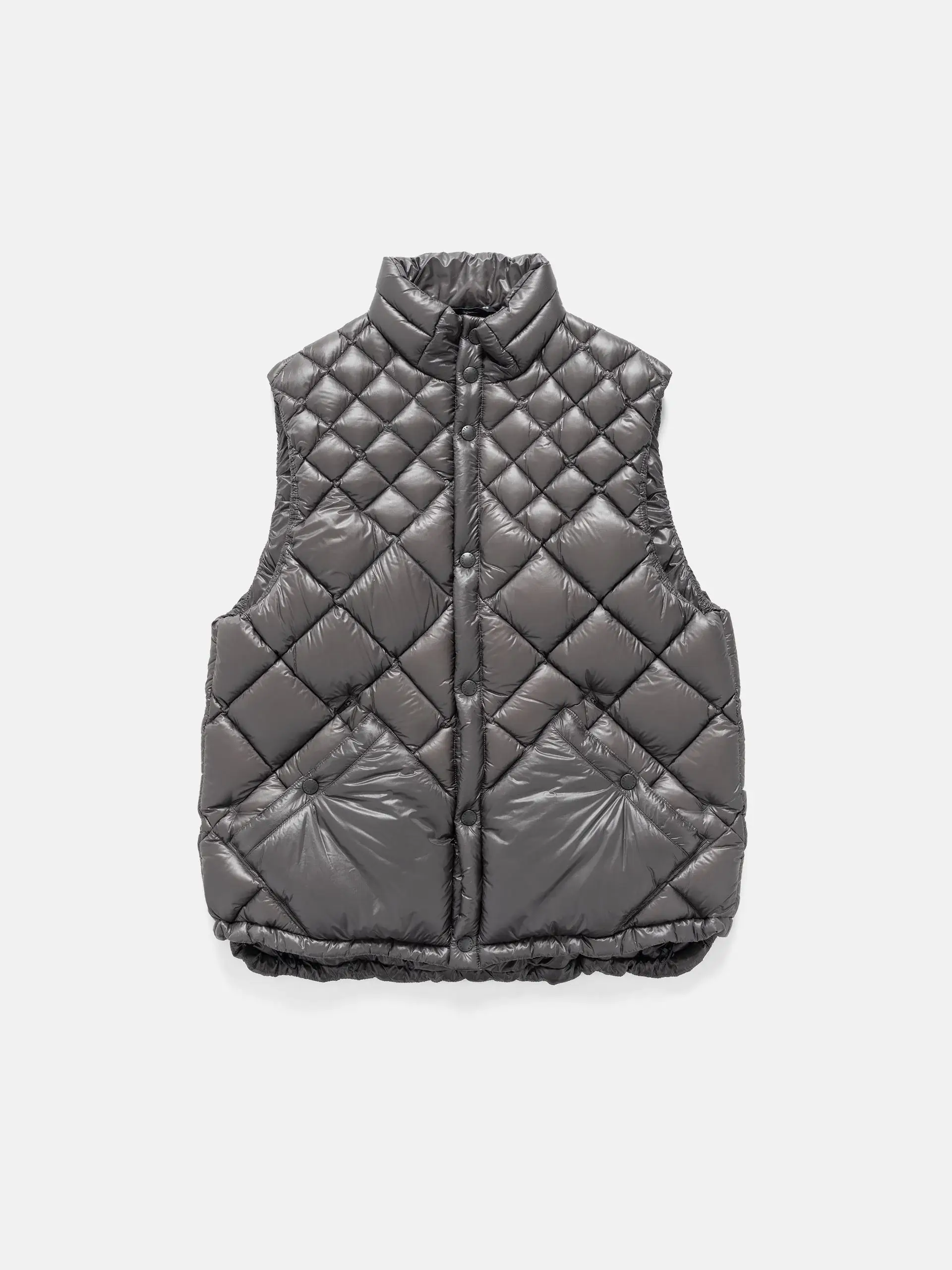 Front view of the HAVEN × NANGA Skyline Vest in grey, featuring diamond-quilted construction, snap closure, and high padded collar