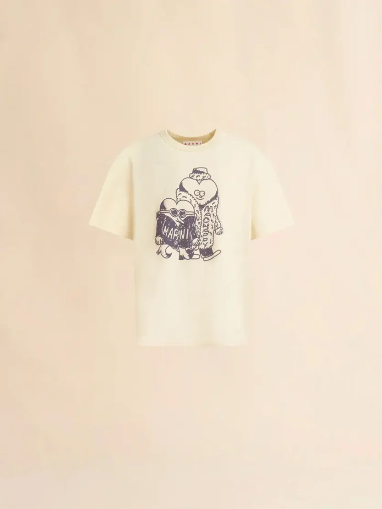 Cream-colored Marni + Madhappy T-shirt featuring navy hand-drawn cartoon characters wearing furry coats and sunglasses, printed on the front