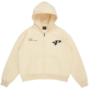 Cream zip-up hoodie from Pythia Inc. featuring a small studded black “P” logo on the left chest and minimalist printed text reading “PYTHIA INC. EST. 2021 LOS ANGELES, CALIFORNIA.