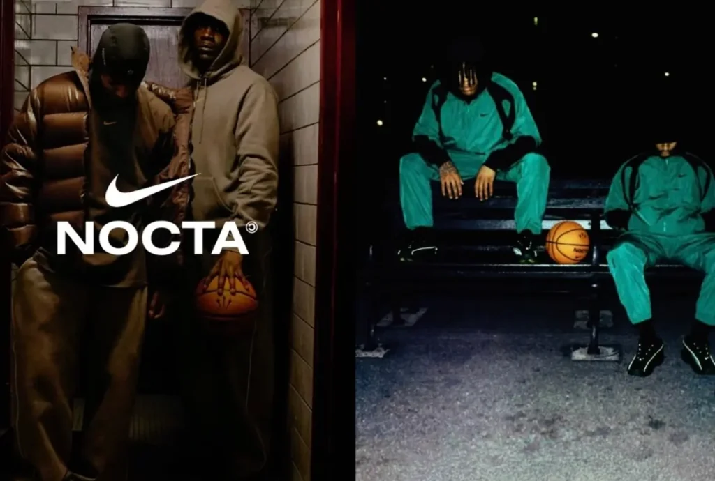Models wearing the NOCTA Cardinal Stock Holiday 2025 Collection from Nike and Drake — one in a brown puffer jacket and grey hoodie holding a basketball inside a dim hallway, and two others in Neptune Green tracksuits sitting on a nighttime basketball court bench, evoking the collection’s urban, nocturnal aesthetic