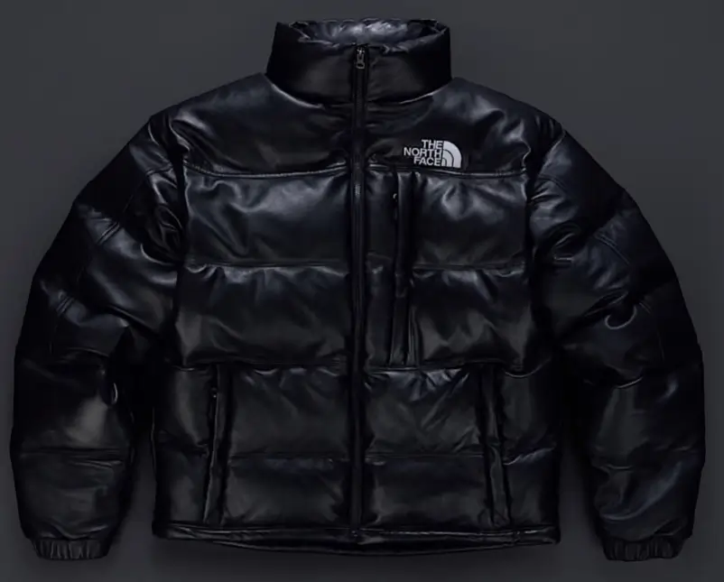 Front view of a black leather The North Face padded jacket displayed against a dark grey background, featuring quilted paneling, a high stand collar, and a white North Face logo on the left chest