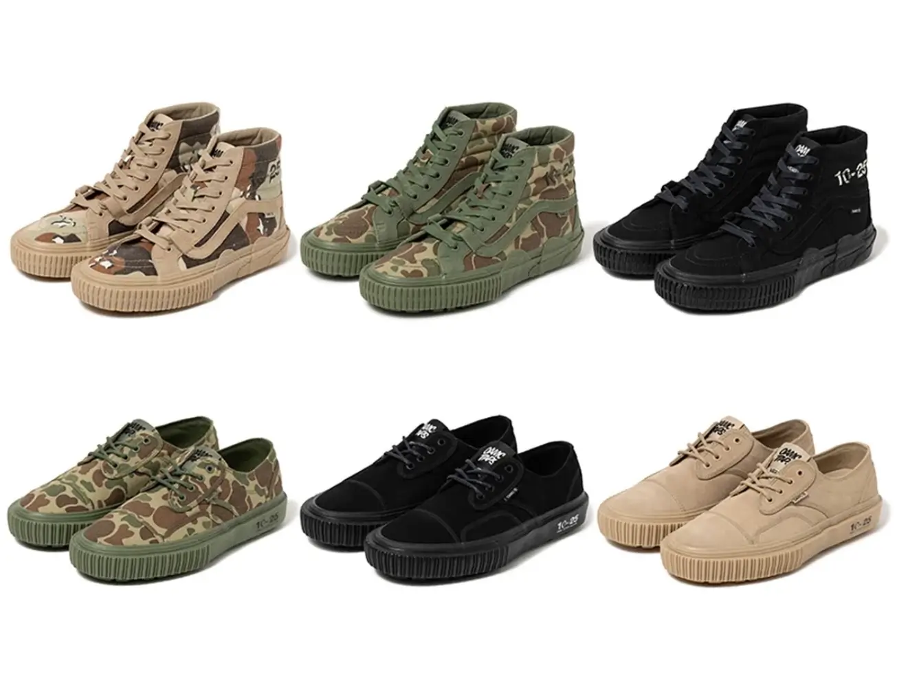 A full lineup of six OAMC x WTAPS x Vans collaborative sneakers, featuring three SK8-Hi GL Lug high-tops in desert camo, forest camo, and triple black on the top row, and three Seylynn Lug low-tops in forest camo, all-black, and sand beige on the bottom row