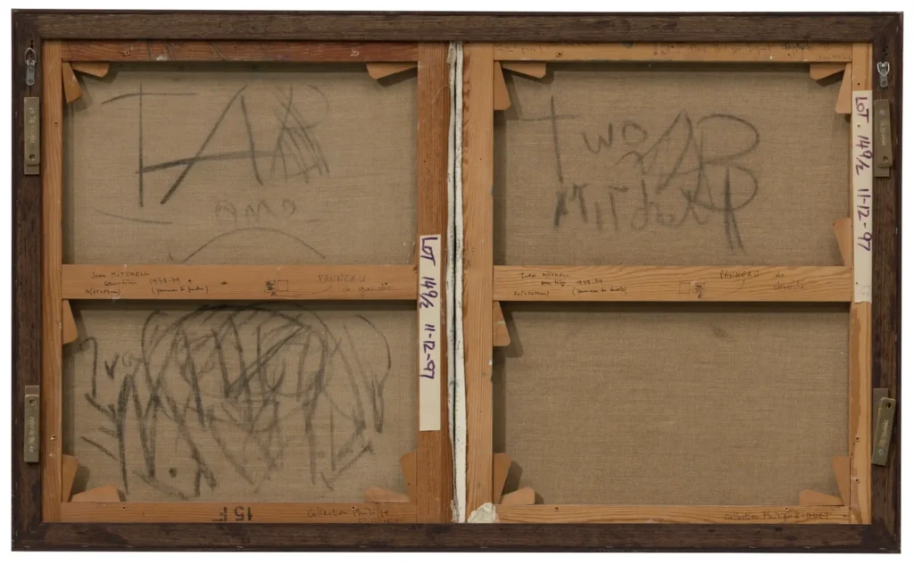 Back view of a two-panel Joan Mitchell painting, showing the raw linen canvases, wooden stretcher bars, and handwritten markings. The frame is dark wood with metal hanging hardware on both sides. Charcoal-like sketches and inscriptions appear across the canvas backs, including artist notes, numbers, and lot labels. Strips of tape and labels with handwritten dates and inventory codes are attached to the stretcher bars, revealing the artwork’s provenance and handling history