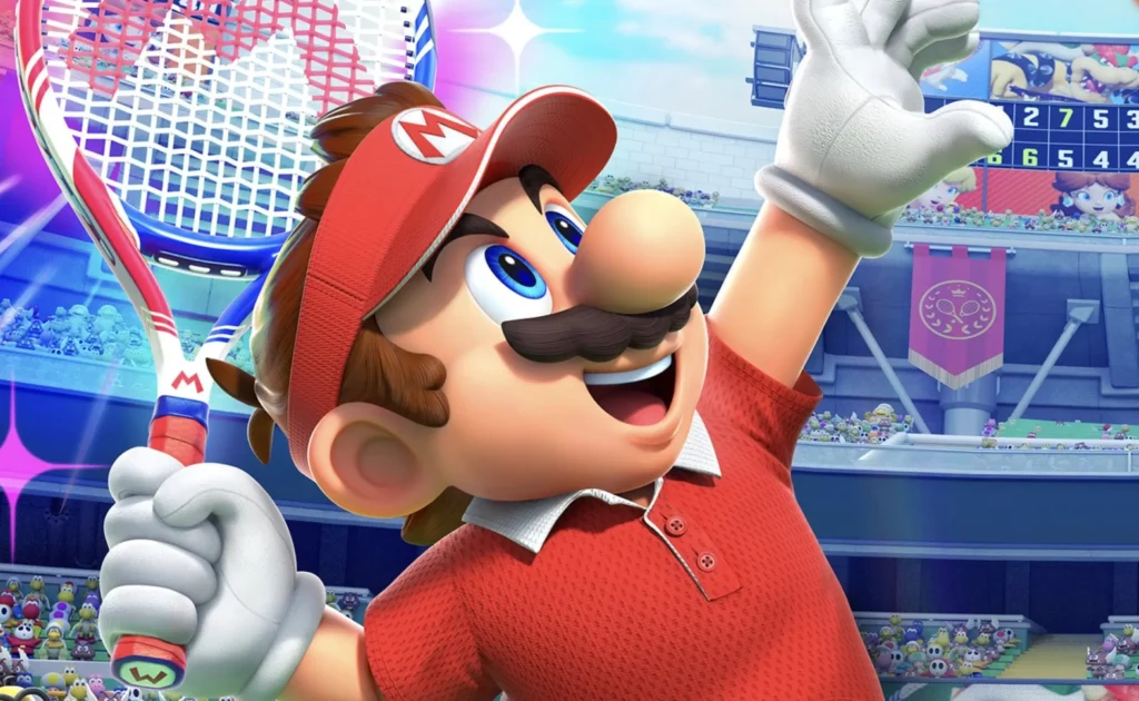 Mario, dressed in a red tennis shirt and visor, leaps mid-serve with a bright smile, his racket glowing under stadium lights as the crowd cheers behind him in mario tennis fever for nintendo switch 2