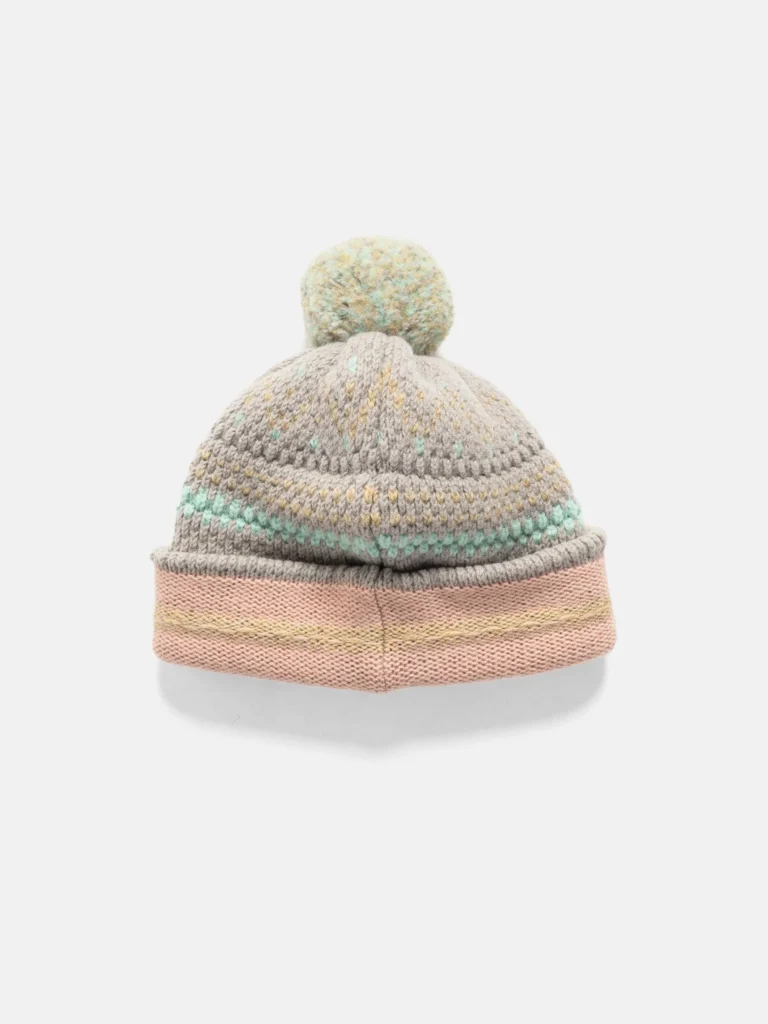 Back view of a KAPITAL 5G wool knit cap featuring a grey body with pastel yellow and mint speckled stitching, a large textured pom-pom on top, and a folded pink-and-grey brim with soft yellow detailing