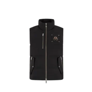 Front view of the Moose Knuckles Men’s Westmount 2Tone Vest in black, featuring a full-length silver zipper, zippered chest pocket, two front flap pockets with zippers, and the brand’s signature metal logo patch on the left chest