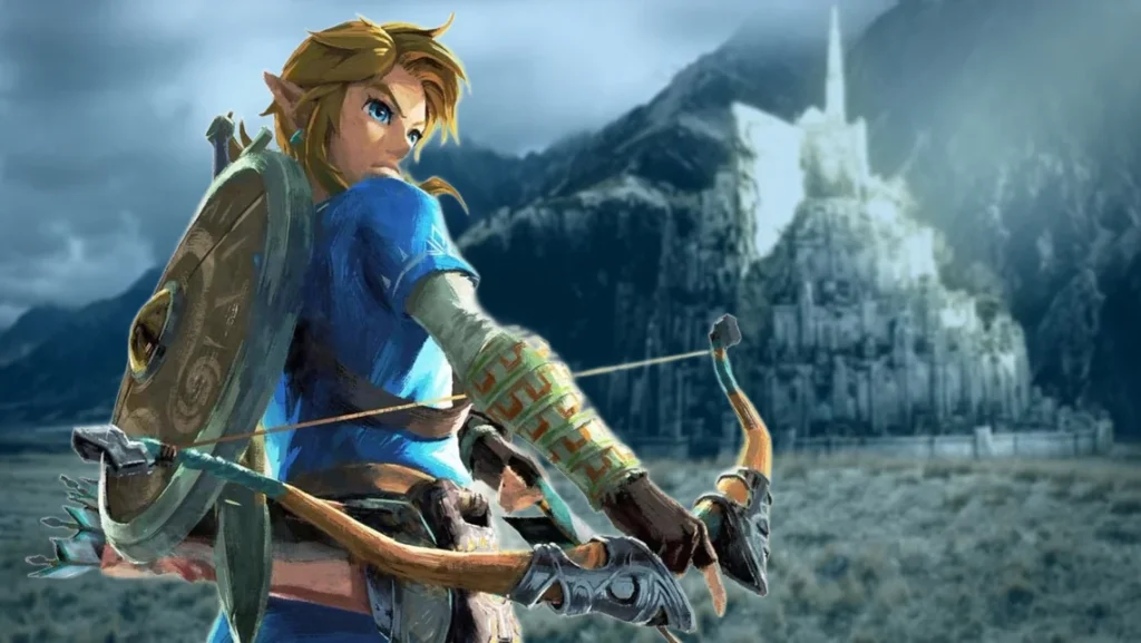 A live-action styled depiction of Link holding a drawn bow, wearing a blue tunic and shield on his back, standing in a vast windy field with a towering white stone citadel and misty mountains in the distance