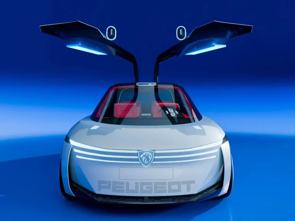 A front-facing view of the Peugeot Polygon Concept EV against a blue gradient background, featuring wide-open butterfly doors, a smooth silver body, horizontal three-claw LED light strips across the fascia, illuminated door undersides, and a futuristic cabin with red interior accents visible through the windshield
