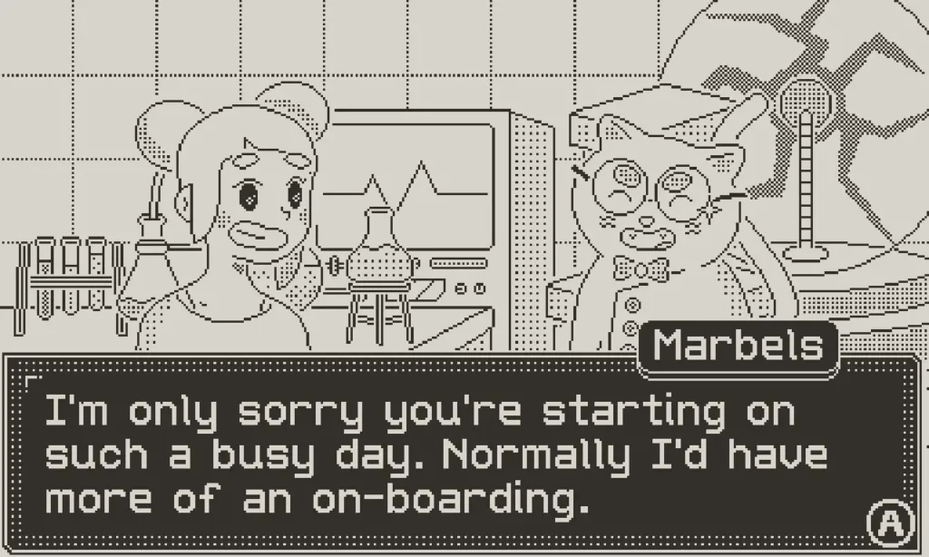A black-and-white pixel art game scene featuring a smiling human character and a cat-like scientist named Marbels in a laboratory setting, with test tubes, equipment, and monitors in the background. A dialogue box at the bottom reads: “I'm only sorry you're starting on such a busy day. Normally I'd have more of an on-boarding.” The Playdate’s distinctive monochrome art style is clearly showcased