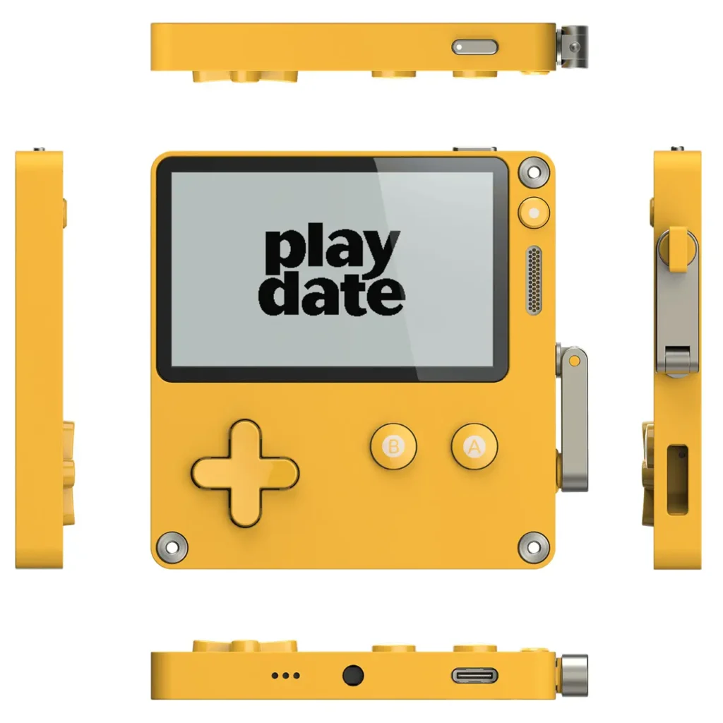 A bright yellow Playdate handheld gaming console shown from multiple angles, highlighting its black-and-white display, directional pad, A and B buttons, USB-C charging port, and signature metal side crank. The main front view displays the “playdate” logo on the screen, emphasizing the device’s minimalist and play design