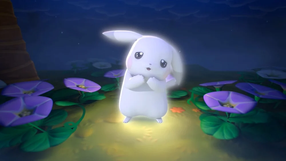 A pale white Pikachu variant stands glowing softly in a moonlit garden, surrounded by purple flowers and deep green leaves
