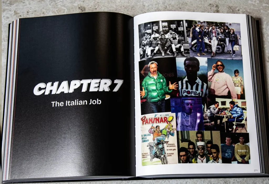 Open pages of Counter Culture featuring Chapter 7 titled “The Italian Job” on the left, and on the right, a collage of vintage photographs showing Italian youth, terrace fashion, Moncler jackets, POP 84 branding, and 1980s street style influences