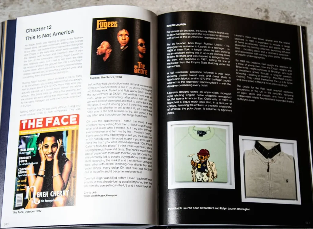 Open pages of Counter Culture book showing Chapter 12 titled “This Is Not America,” featuring images of the Fugees’ 1996 album The Score, a 1992 The Face magazine cover with Neneh Cherry, and Ralph Lauren apparel with descriptive text and historical commentary