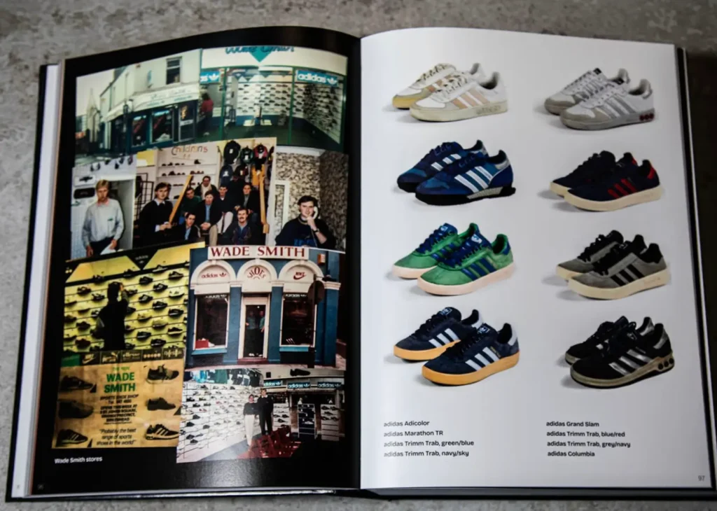 Open pages of Counter Culture displaying a collage of vintage Wade Smith store photographs on the left and a lineup of classic adidas sneakers—Adicolor, Marathon TR, and Trimm Trab models in various colorways—on the right