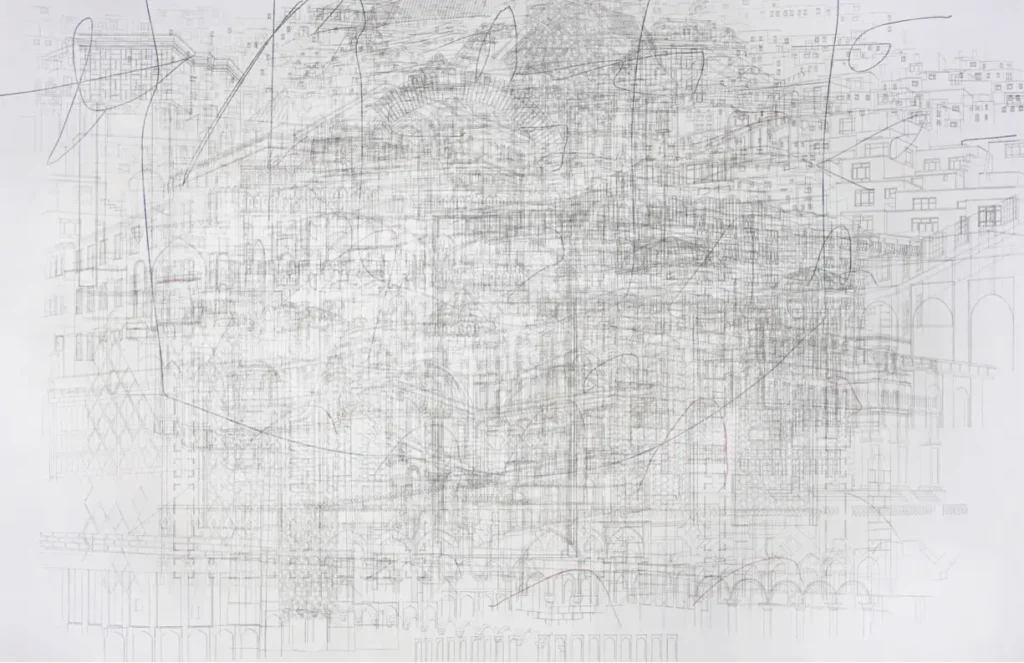 Julie Mehretu abstract drawing featuring dense architectural linework, overlapping grids, and sweeping gestural marks that form a complex, map-like composition suggesting movement, structure, and urban fragmentation.