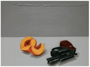 Painting by Salomón Huerta depicting a sliced peach placed beside a small black revolver on a minimalist gray tabletop, symbolizing the tension between nourishment and danger from his Unspoken Ritual series