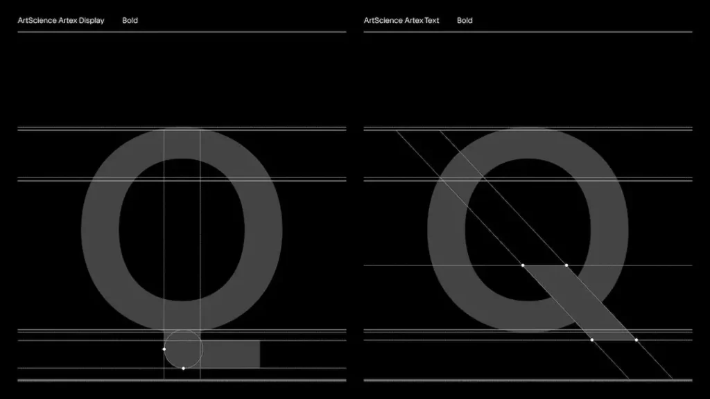 Typography design grid showing structural outlines of the ArtScience Artex Display and ArtScience Artex Text typefaces in bold weight. The image compares the letterform ‘Q’ in both versions, highlighting geometric proportions, alignment, and stroke construction on a black background