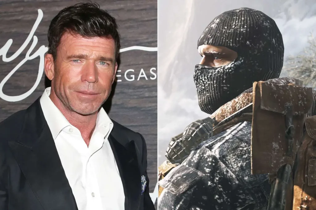 A split image showing Taylor Sheridan on the left, wearing a white shirt and dark jacket at an event, and a Call of Duty soldier on the right, dressed in a snow-covered tactical outfit with a black balaclava and backpack. The composition highlights Sheridan’s connection to the upcoming Call of Duty live-action film adaptation.