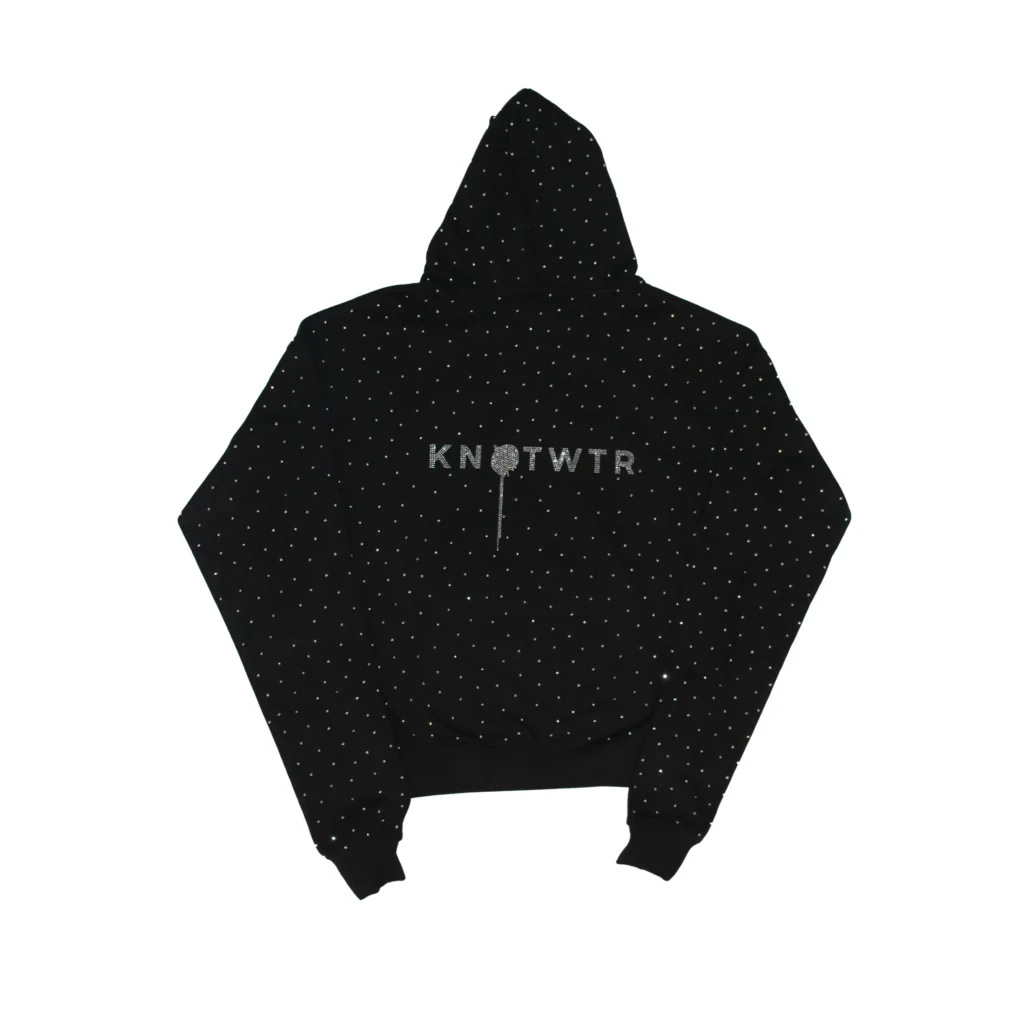 Back view of the black KNOTWTR Rhinestone Hoodie featuring an all-over rhinestone pattern and a large crystal KNOTWTR logo centered across the upper back