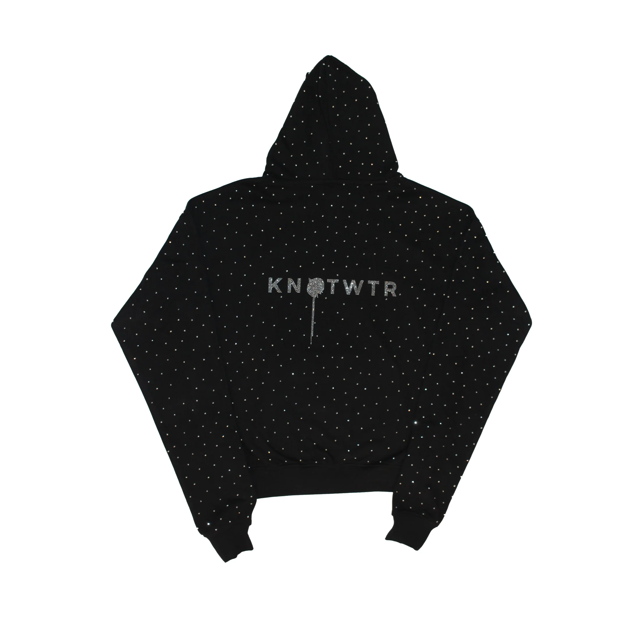 Back view of the black KNOTWTR Rhinestone Hoodie featuring an all-over rhinestone pattern and a large crystal KNOTWTR logo centered across the upper back