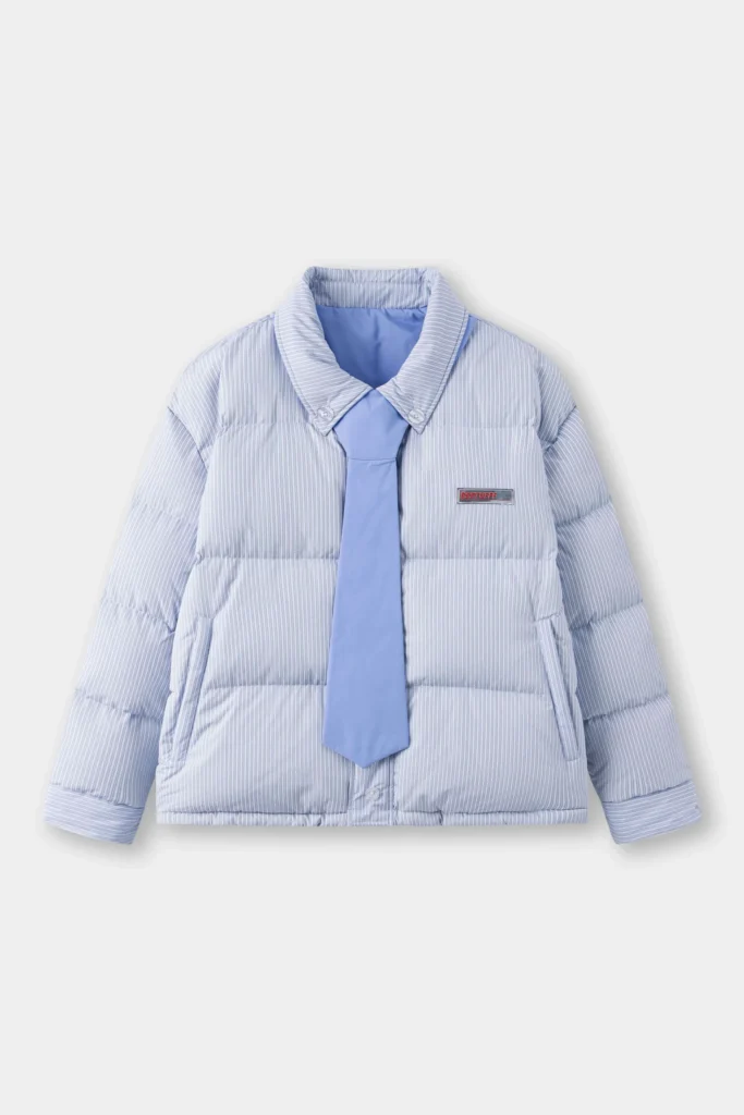 A light blue pinstripe puffer jacket styled like a button-down shirt, featuring a matching blue necktie, padded quilting, and a small rectangular logo patch on the chest