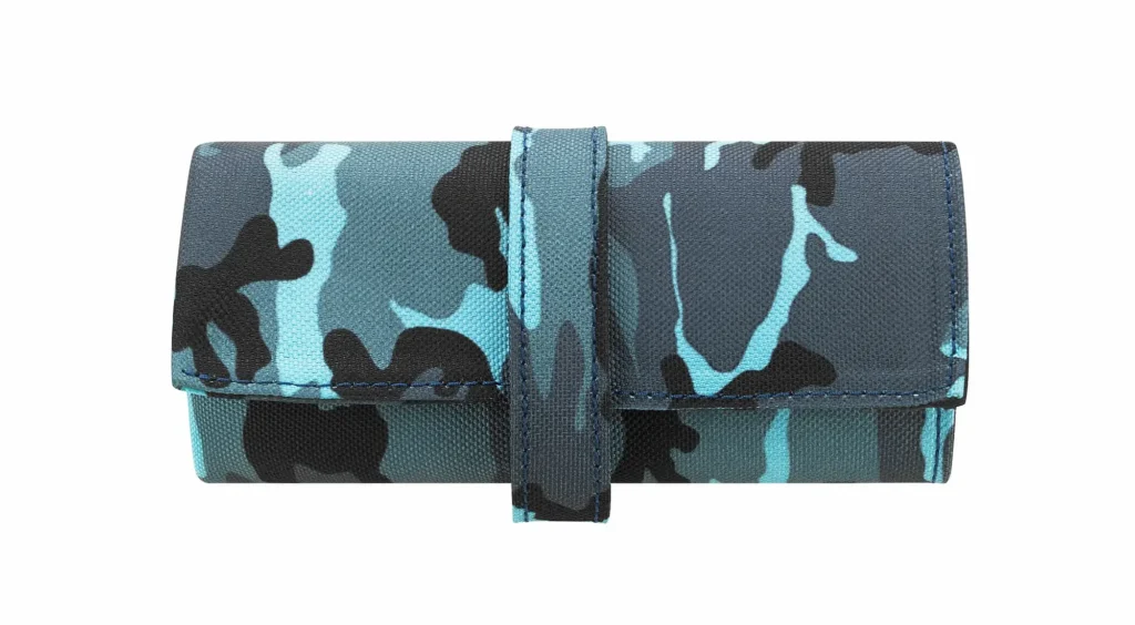Front view of an Aqua blue and petrol black camouflage watch roll made of Cordura canvas, shown closed and secured with a matching strap against a white background