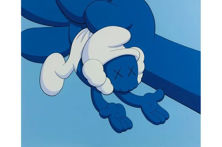 Close-up of a KAWS painting from The Smurfs Collection (2007) showing a stylized blue Smurf figure with crossed-out “X” eyes, wearing a white hat and reaching downward on a monochrome sky-blue background — merging cartoon innocence with KAWS’s signature pop-art melancholy