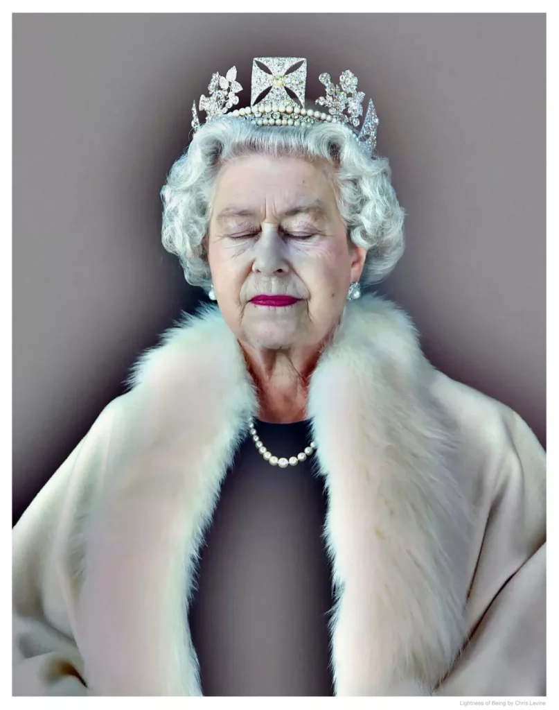 Chris Levine’s Lightness of Being (Freedom Edition), 2021 — portrait of Queen Elizabeth II with eyes closed, wearing a diamond tiara, pearl necklace, and white fur-trimmed robe against a soft neutral background, evoking serenity and light