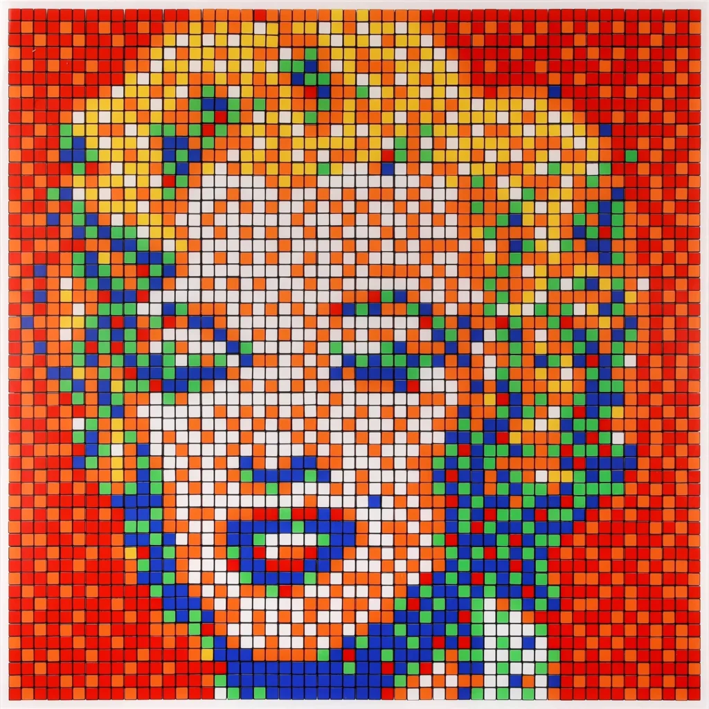 A mosaic portrait of Marilyn Monroe composed entirely of multicolored Rubik’s Cubes by Invader, titled Rubik Shot Red Marilyn (2023). The artwork uses the cubes’ red, blue, yellow, green, orange, and white squares to form Monroe’s iconic face against a vivid red background, merging Pop Art imagery with pixelated geometry