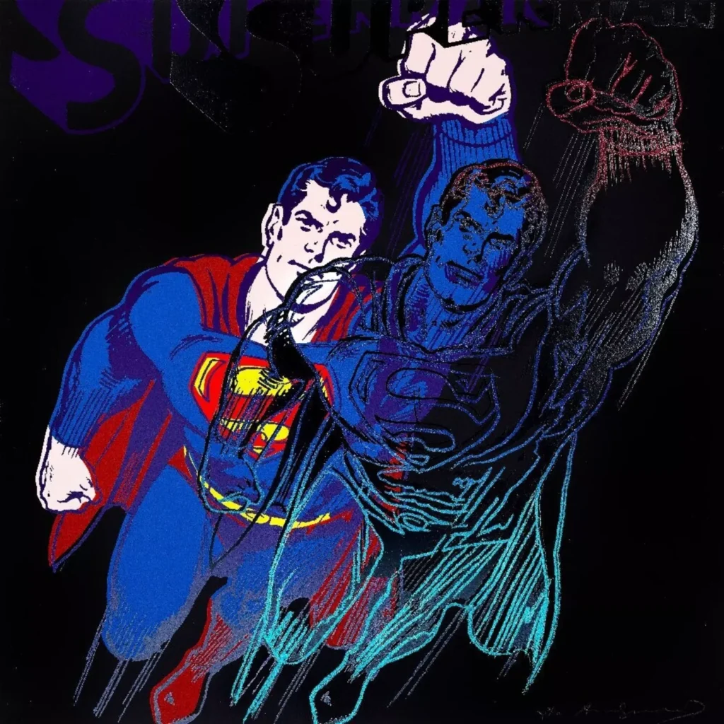 A vibrant Andy Warhol screenprint featuring two overlapping images of Superman in flight—one in bold comic-book colors and the other rendered as a shimmering, outlined figure on a black background, highlighting Warhol’s signature pop-art style and diamond-dust effects