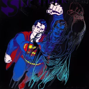 A vibrant Andy Warhol screenprint featuring two overlapping images of Superman in flight—one in bold comic-book colors and the other rendered as a shimmering, outlined figure on a black background, highlighting Warhol’s signature pop-art style and diamond-dust effects