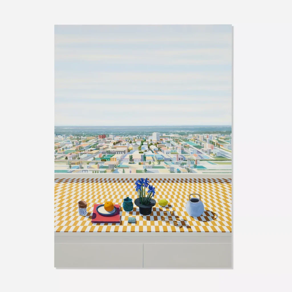 A contemporary painting showing a yellow-and-white checkered tabletop with fruit, a cup, a teapot, and a vase of blue irises in the foreground, overlooking a pastel-colored Brentwood cityscape beneath a soft, striped blue sky