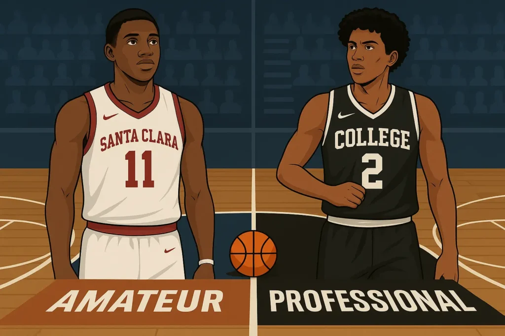 Illustration showing two basketball players on a divided court, one in a white Santa Clara uniform labeled “Amateur” and the other in a black jersey labeled “Professional,” symbolizing the transition between college and professional basketball