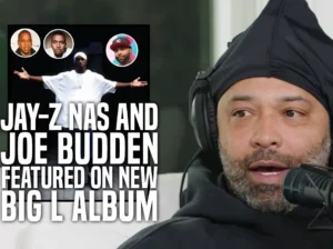 Joe Budden speaking into a studio microphone with overlay graphics announcing “Jay-Z, Nas, and Joe Budden Featured on New Big L Album,” featuring circular portraits of the three rappers and an image of Big L in white, set against a dark background
