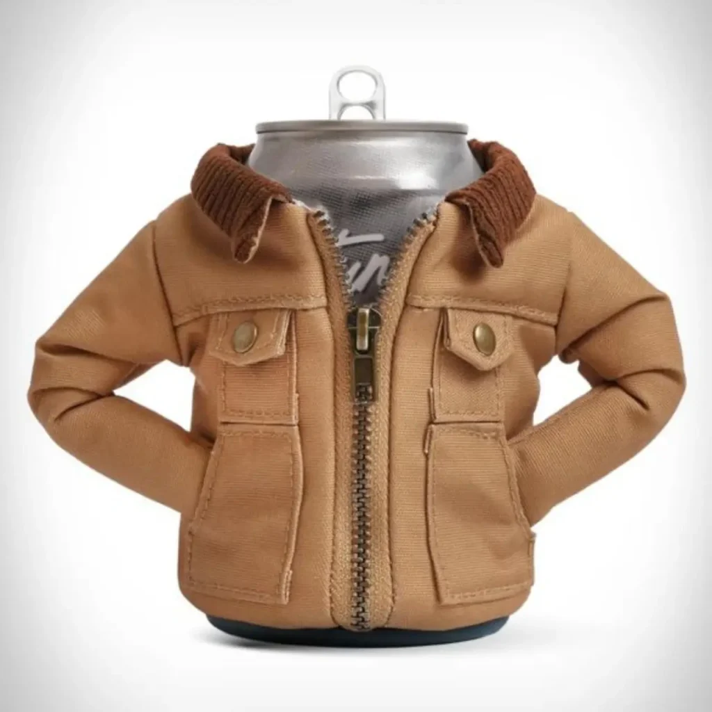 A beverage can wearing a miniature tan work jacket–style Puffin Drinkware holder, featuring a corduroy collar, brass snap buttons, stitched utility pockets, and a front zipper, mimicking classic rugged outerwear