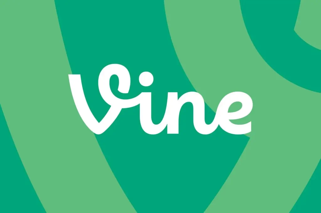 A graphic image featuring the classic Vine logo in white cursive lettering centered against a background of overlapping green shapes and gradients, echoing the original app’s signature color palette and visual identity