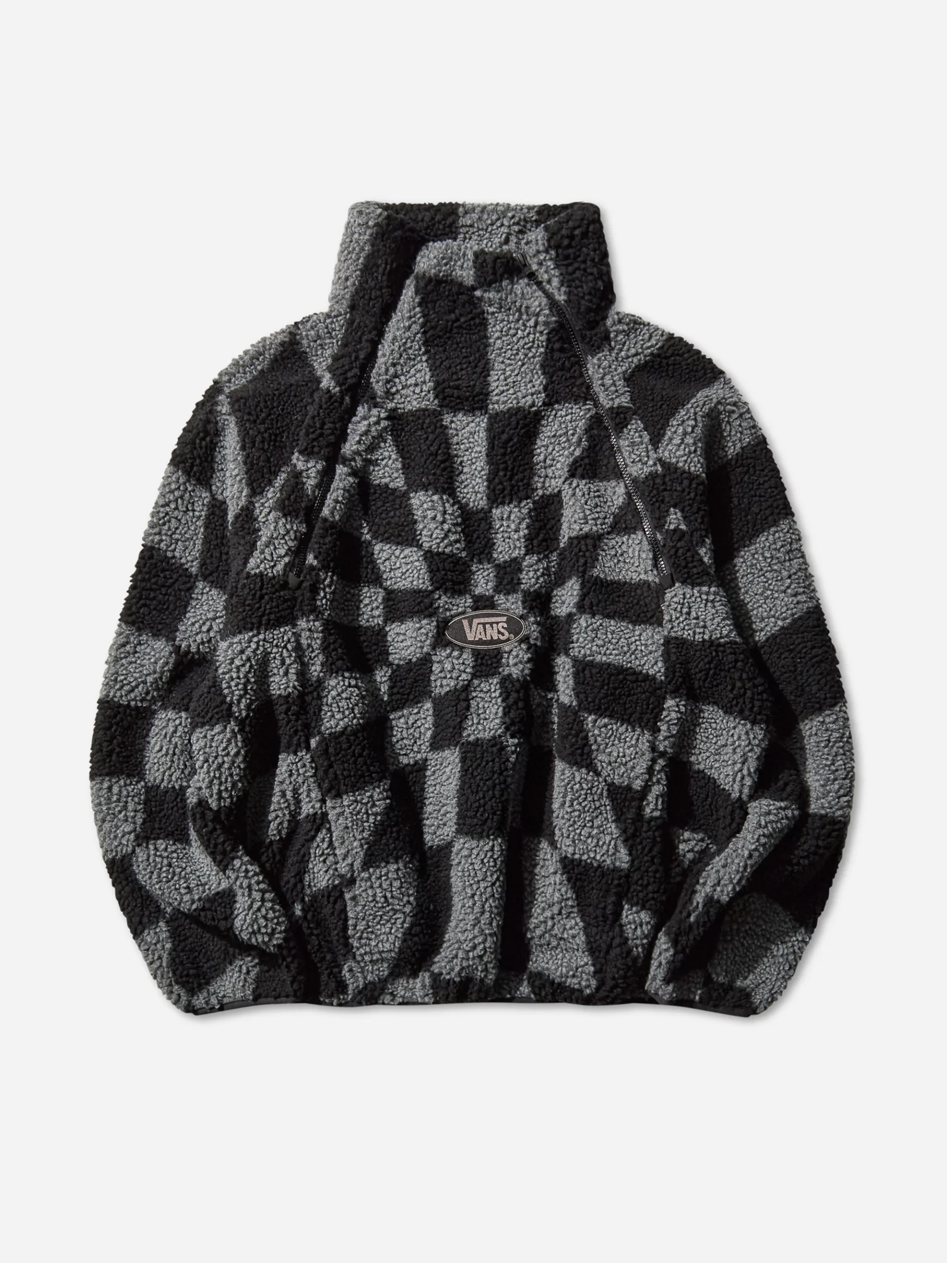 Vans x Slam Jam “Act of Disagreement” Relief Check Fleece Jacket in Smoked Pearl — plush jacquard sherpa fleece with tonal black and grey distorted checkerboard pattern, high collar with dual zippers, and embroidered Vans logo at the chest
